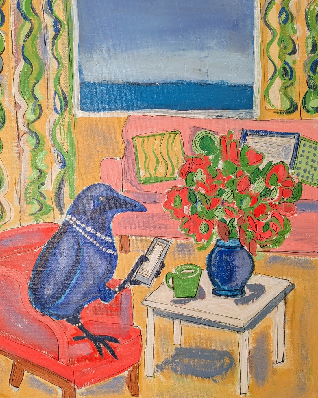 Painting Lucy Scrolling: A Blue Crow by the Sea