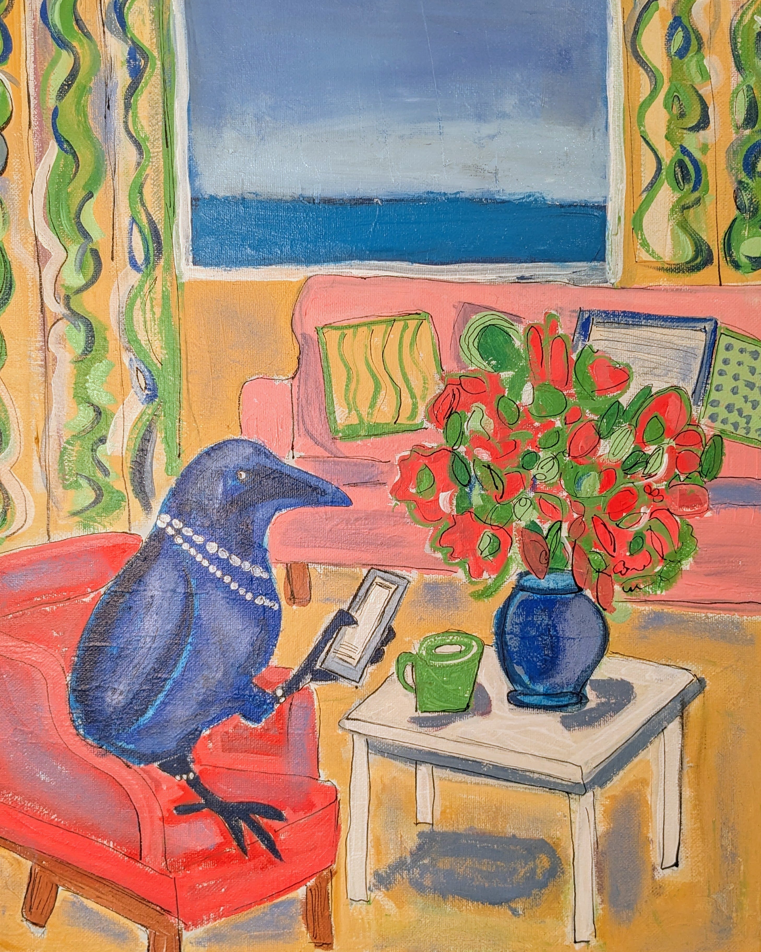 Painting Lucy Scrolling: A Blue Crow by the Sea