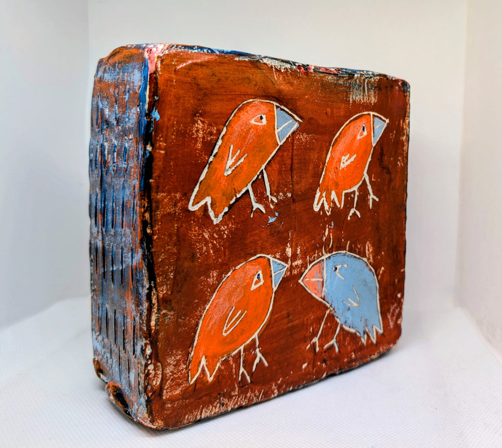 Odd Blue Bird:  4 birds painted block on upcycled material