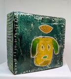 Yellow dog icon:  Textured dog painted block on upcycled material