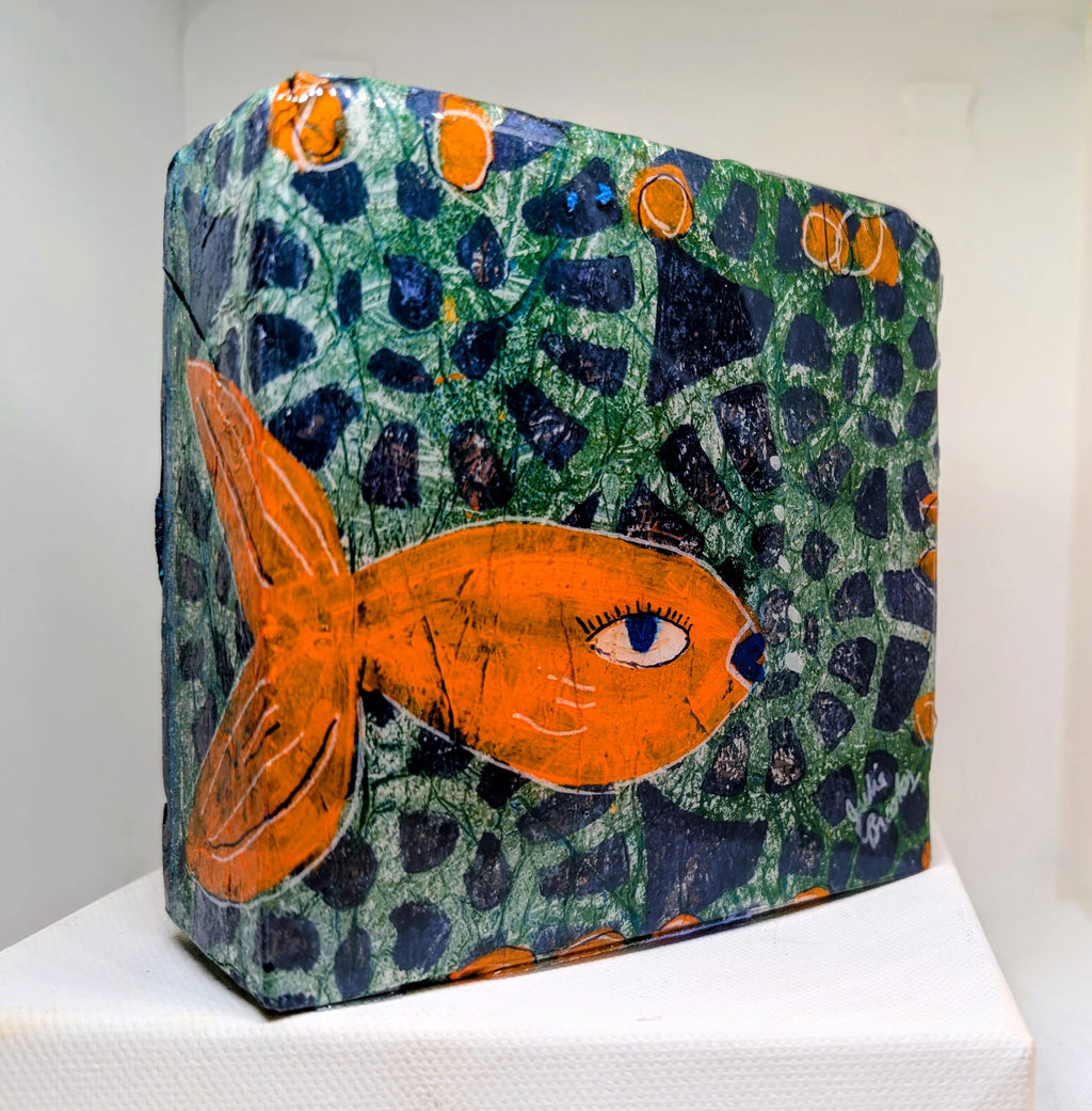 Orange Fish: Resined painted gel monoprint on upcycled block