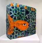 Orange Fish: Resined painted gel monoprint on upcycled block
