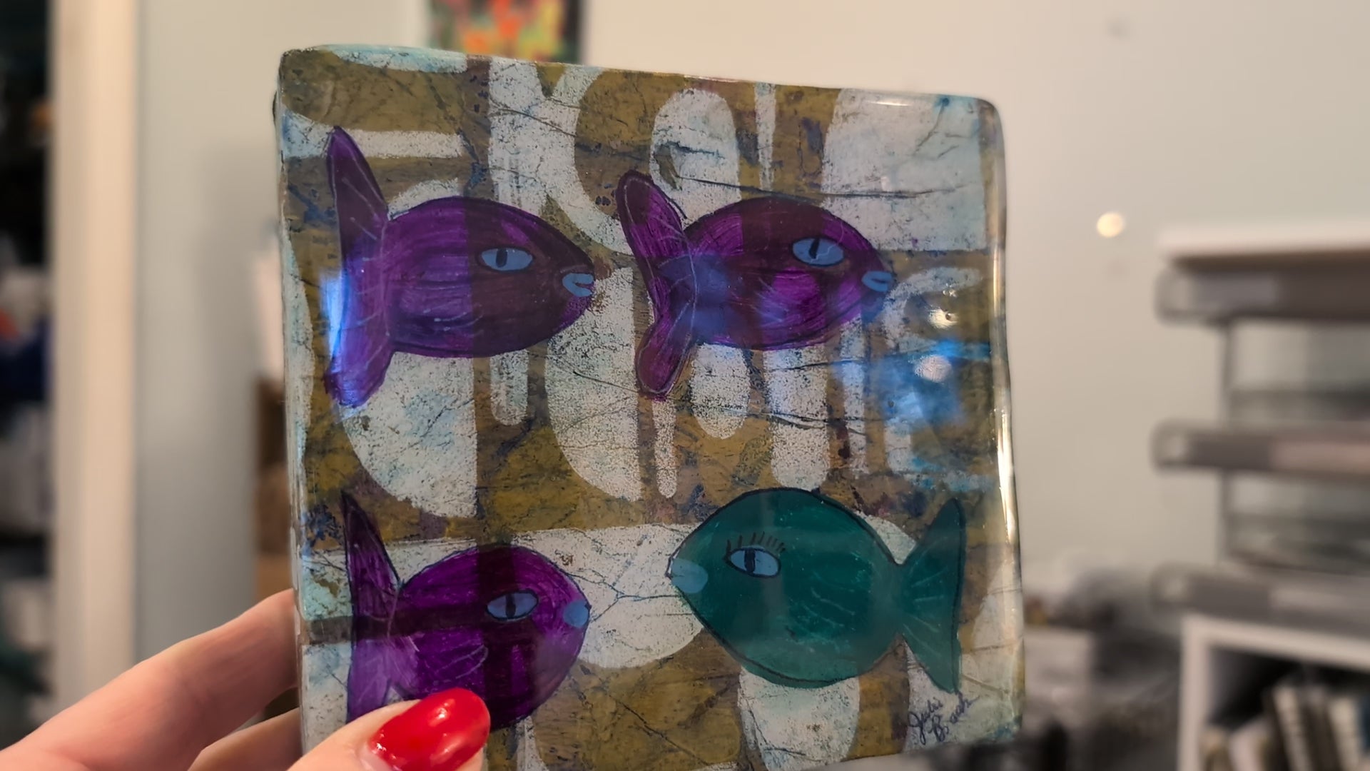 Odd Green Fish: Resined painted gel monoprint on upcycled block