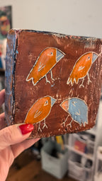 Odd Blue Bird:  4 birds painted block on upcycled material